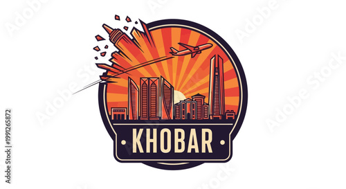 Khobar City Skyline Illustration with Airplane and Sunset Design.
