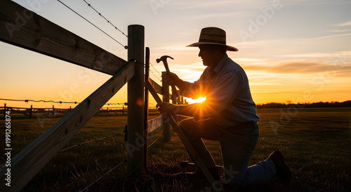 A male farmer wearing a straw hat kneeling in a grassy field and using a hammer to fix a wooden fence at sunset