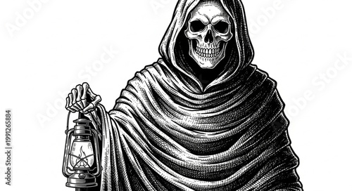 Grim Reaper holding a lantern in black and white.