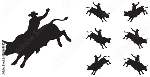 Fotografie Silhouette of a cowboy riding a bucking bull, with smaller silhouettes of the same action repeated on the right