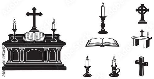 Religious altar and Christian symbols, including crosses, candles, and an open bible, vector illustration set.