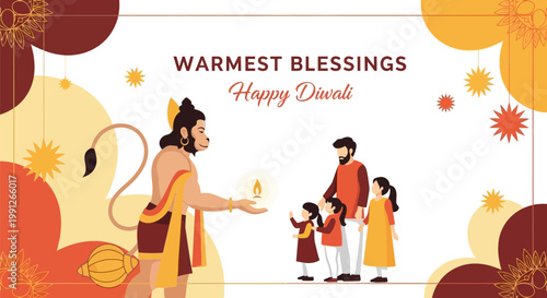 Lord Hanuman blessing a happy Indian family on Diwali festival.