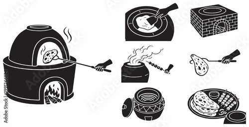 Tandoor oven and cooking process, with various stages of naan bread preparation and serving, in a set of black and white vector icons.