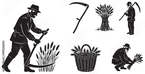 Set of vintage illustrations depicting a farmer harvesting wheat with a scythe, showcasing traditional agricultural practices.