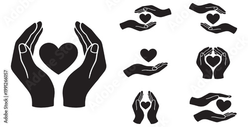 Set of black and white vector icons depicting hands holding and protecting hearts, symbolizing care, love, and support.