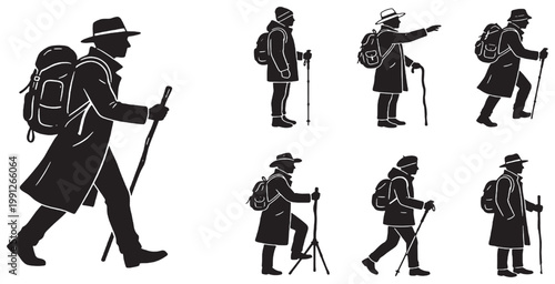 Collection of black silhouettes depicting hikers with backpacks and walking sticks in various poses, illustrating outdoor adventure and trekking.