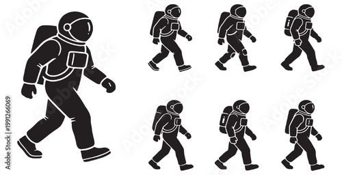 Astronaut walking animation sprite sheet in black and white for game or cartoon design.