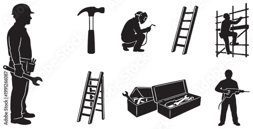 Collection of construction worker silhouettes and tools, including a hammer, ladders, and a toolbox.