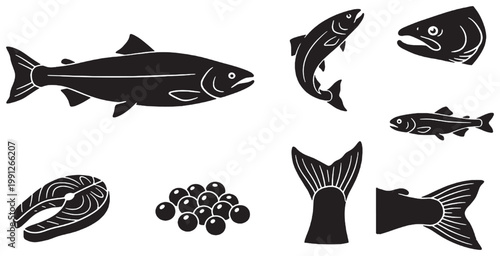 A collection of black silhouette illustrations depicting various aspects of salmon, including whole fish, jumping salmon, head, fillet, roe, and tails.