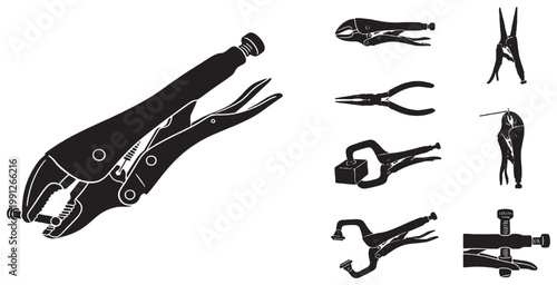 A collection of various gripping tools, including locking pliers, needle-nose pliers, and different types of clamps, presented as black silhouettes on a white background.