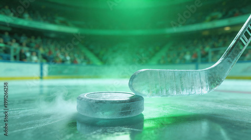 Close Up of Ice Hockey Puck and Frozen Stick Blade with Neon Green Glow, Misty Arena and Cinematic Sports Concept