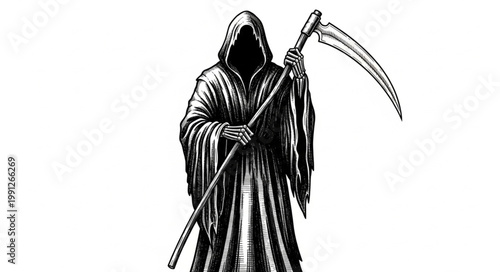 Grim Reaper Holding Scythe Standing Isolated White Background.
