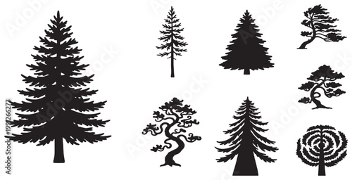 A collection of diverse tree silhouettes, including coniferous and deciduous shapes, showcasing various styles and forms of trees.