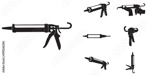 Collection of black silhouette icons depicting various caulk guns and sealant tubes for construction and DIY projects.