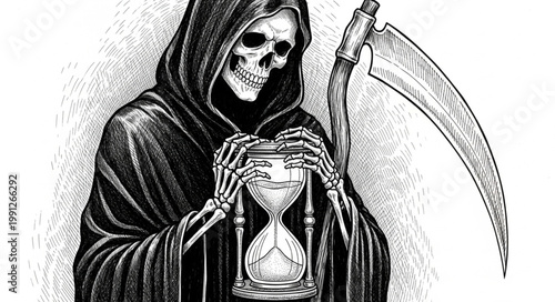 Grim Reaper holding hourglass with scythe illustration.