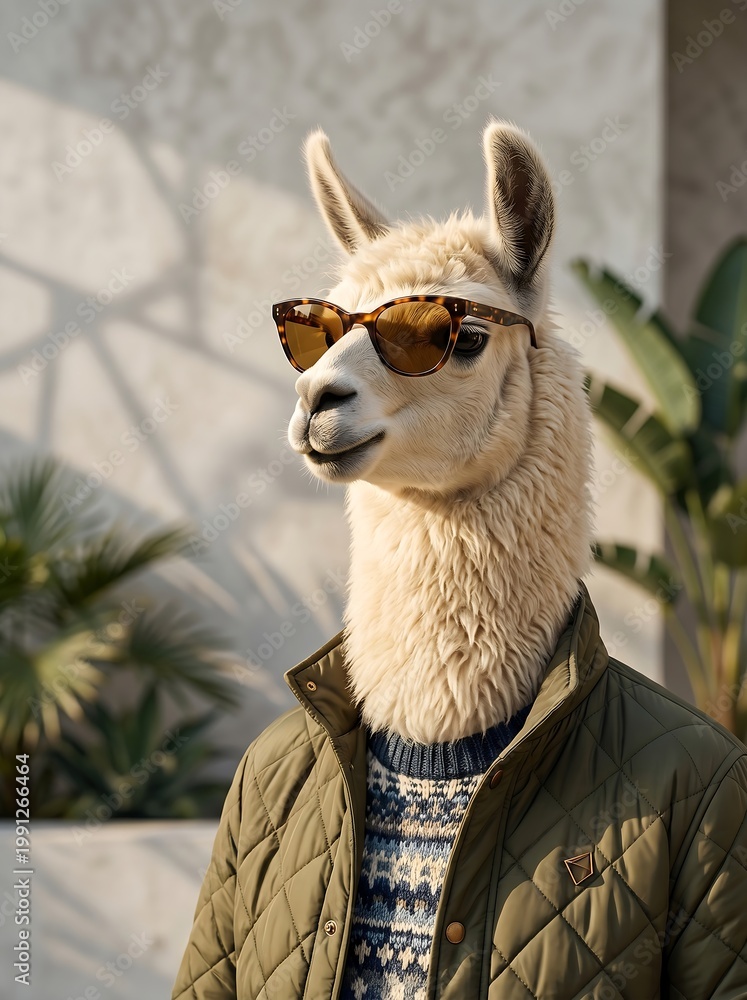 Fototapeta premium Wealthy Alpaca Character in Quilted Jacket and Fashion Glasses
