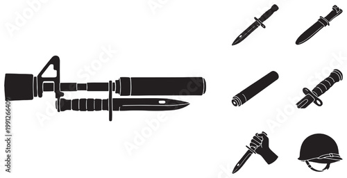 Collection of military weapons and gear including a rifle with bayonet and suppressor, various combat knives, and a helmet.