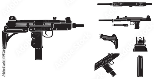 Vector illustration of an Uzi submachine gun with various disassembled parts and components shown in detail.