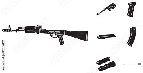 Detailed illustration of a disassembled assault rifle with various components laid out for technical analysis.