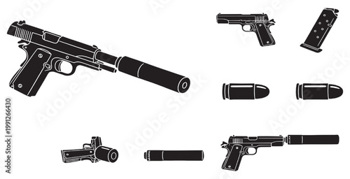 Collection of black and white vector illustrations depicting a 1911-style handgun with a suppressor, separate pistol, magazine, and bullets, showcasing firearm components.