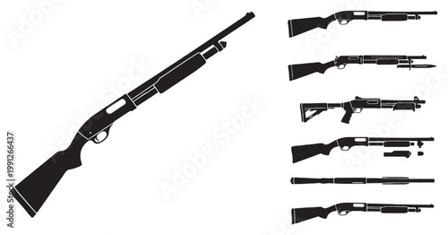 Collection of black silhouette illustrations featuring various shotgun models, including a large pump-action shotgun and a stack of diverse firearm designs.