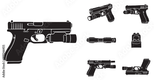 Black and white vector illustration of a handgun with a tactical flashlight attachment and various component views.