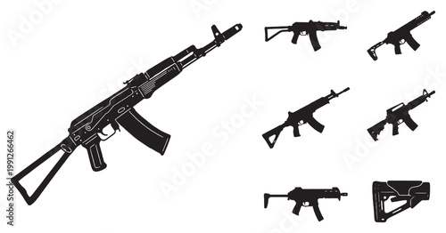 Collection of various assault rifles and submachine guns in black and white silhouette style, featuring a detailed AK-style rifle prominently.