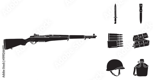 Collection of World War II era military equipment including an M1 Garand rifle, bayonet, helmet, ammunition, and canteen.