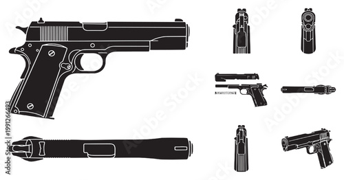 Multiple detailed views of a classic 1911 semi-automatic pistol, including side, top, and front perspectives, illustrating its design and components.