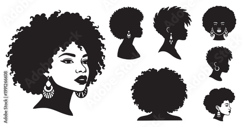 Collection of diverse black women's silhouettes showcasing various afro hairstyles and profiles.