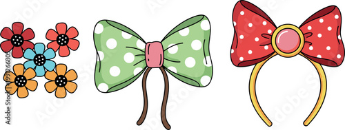Cute hair accessories set with bows headband and floral clips colorful cartoon fashion elements illustration isolated on white background