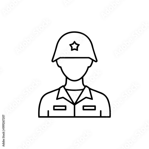 Minimalist line art icon of a soldier in a uniform and helmet with a star emblem.