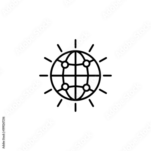 Minimalist line art icon of a radiant global network with interconnected nodes on a sphere.