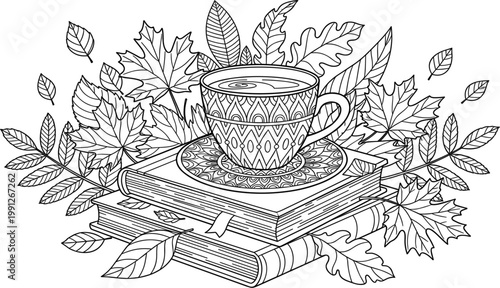 Autumn Coffee Cup on Books with Falling Leaves Line Art Illustration for Cozy Reading Seasonal Design