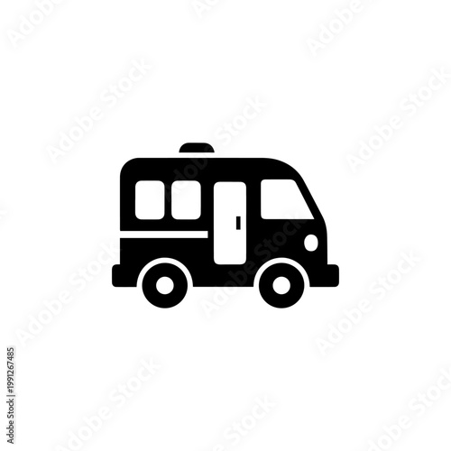 Solid black silhouette icon of a small minibus or camper van side view graphic.