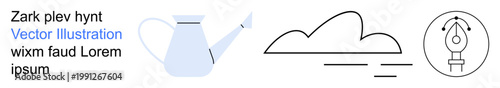 Gardening, creativity, nature, climate, art, design process. A watering can, cloud and pen nib icon. Gardening and creativity as metaphors for growth and idea development