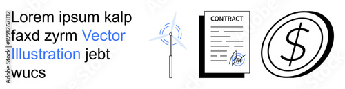 Renewable energy, legal agreements, contracts, business finances, eco solutions, economy focus. A wind turbine, signed contract and dollar icon are . Renewable energy and legal agreements