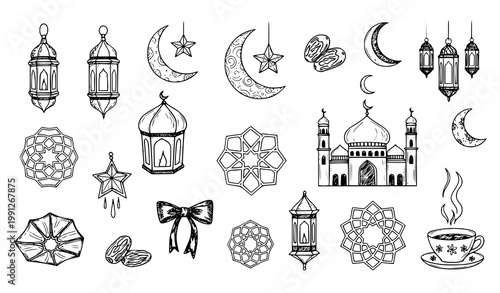 Hand drawn Ramadan doodle icons festive Islamic sketch vector illustration isolated