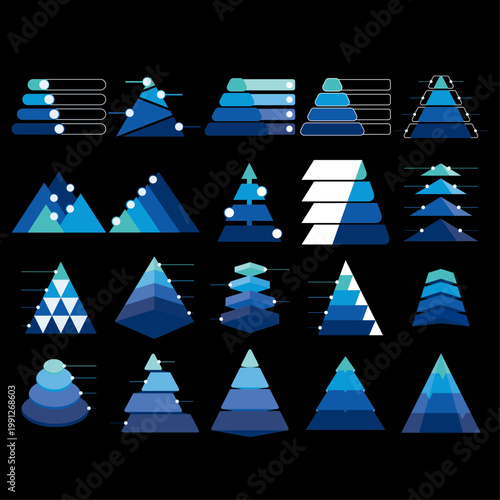 Modern pyramid step collection and hierarchical data visualization set. Vibrant flat vector graphics for business infographics, marketing funnel diagrams and corporate strategy presentations. 