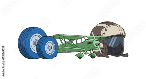 Vintage Aviation Concept with Green Biplane Model Pilot Helmet and Aircraft Wheels.