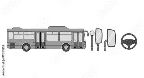 Technical line art drawing of a public city bus with steering wheel and side mirrors.