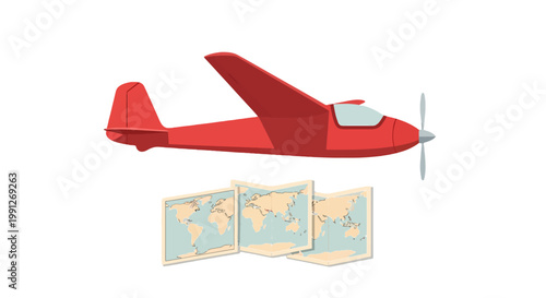 Red Airplane Flying Over a World Map Illustration.