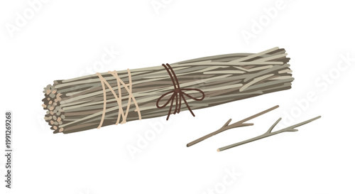 A bundle of thin wooden twigs tied together with decorative twine.