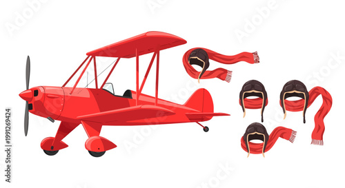 Red vintage biplane aircraft with aviator gear set.