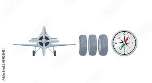 Front view of a vintage airplane with wheels and a navigational compass.