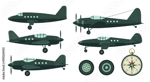 Set of Vintage Military Propeller Airplanes and Navigation Tools.