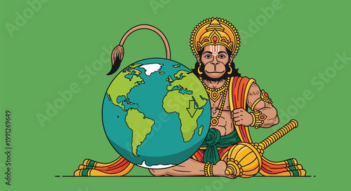 Lord Hanuman holding the Earth with divine strength and power.