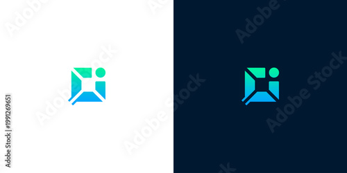 Abstract digital logo for technology and innovation with a square shape and a dot, representing connectivity and progress