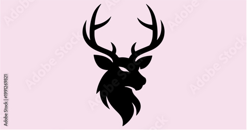  Elegant Deer Head Silhouette with Curved Antlers - Black Vector Illustration
