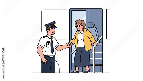 Security Guard Helping Woman.